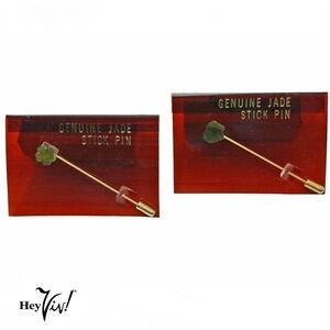 Vintage 2 Genuine Jade Stick Pins Taiwan ROC Label Clover & Heart Shape -Hey Viv